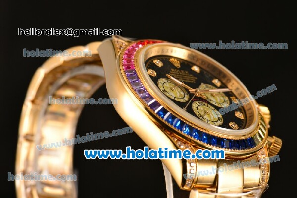 Rolex Daytona II Rainbow Asia 3836 Automatic Yellow Gold Case/Strap with Black Dial and Rainbow Colored Bezel - Click Image to Close